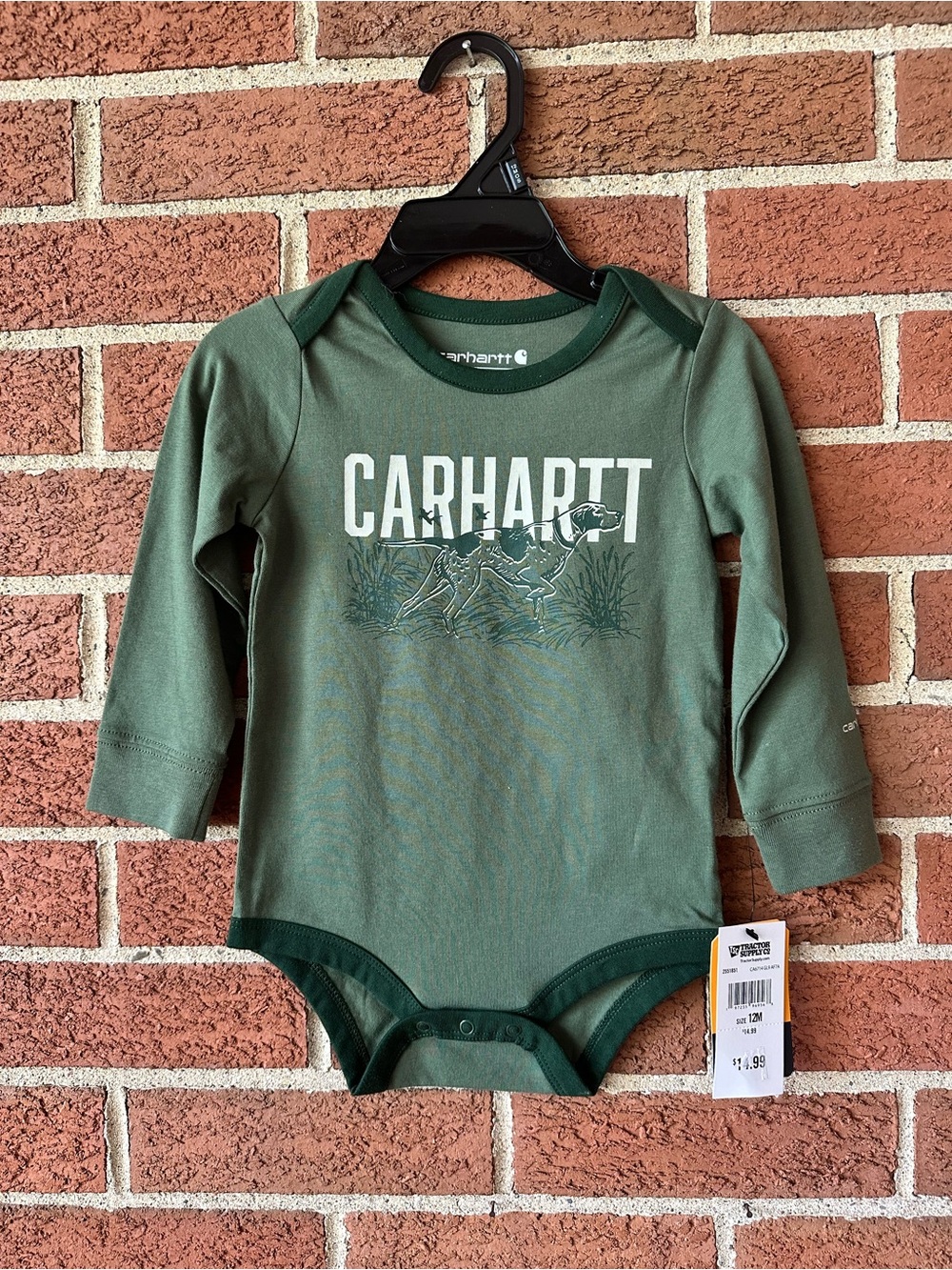 NWT Carhartt Green Dog Print Long Sleeve Cotton One-Piece Bodysuit Onesie 12M